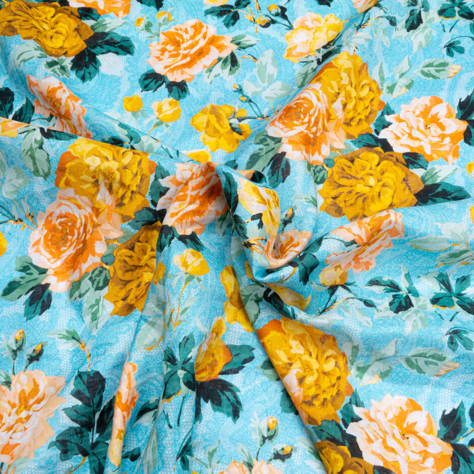 Orange Floral Printed Turquoise Pure Linen