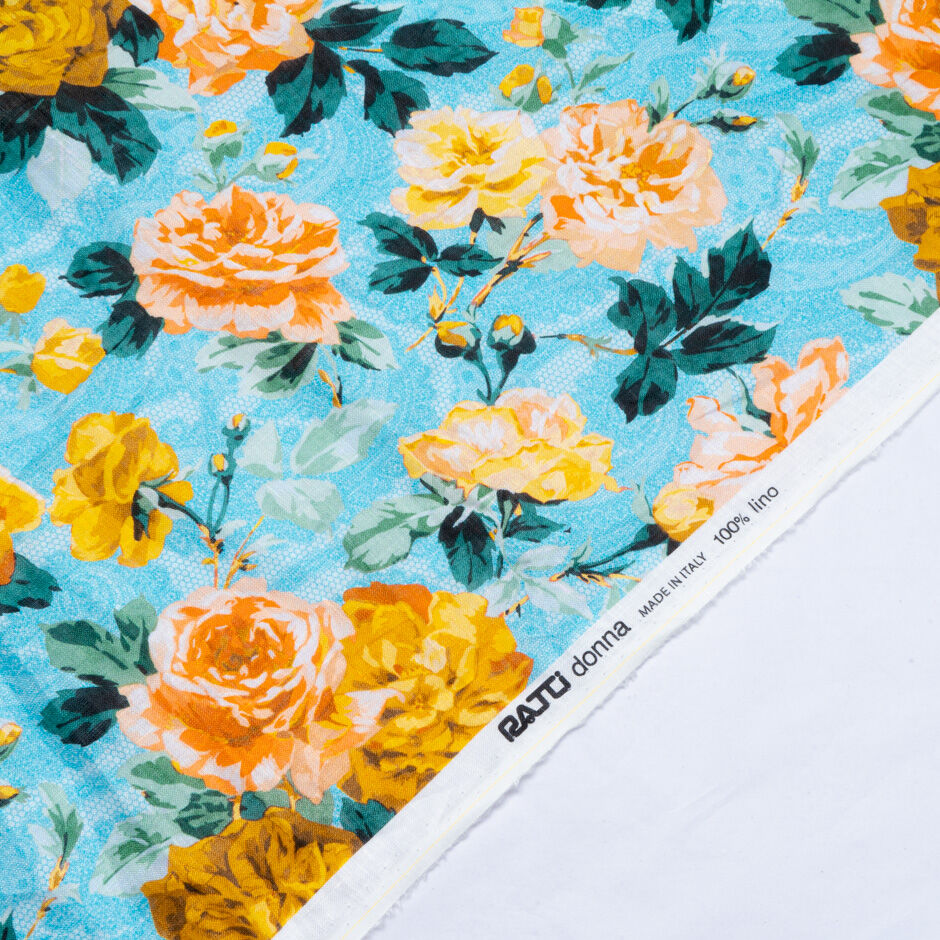 Orange Floral Printed Turquoise Pure Linen