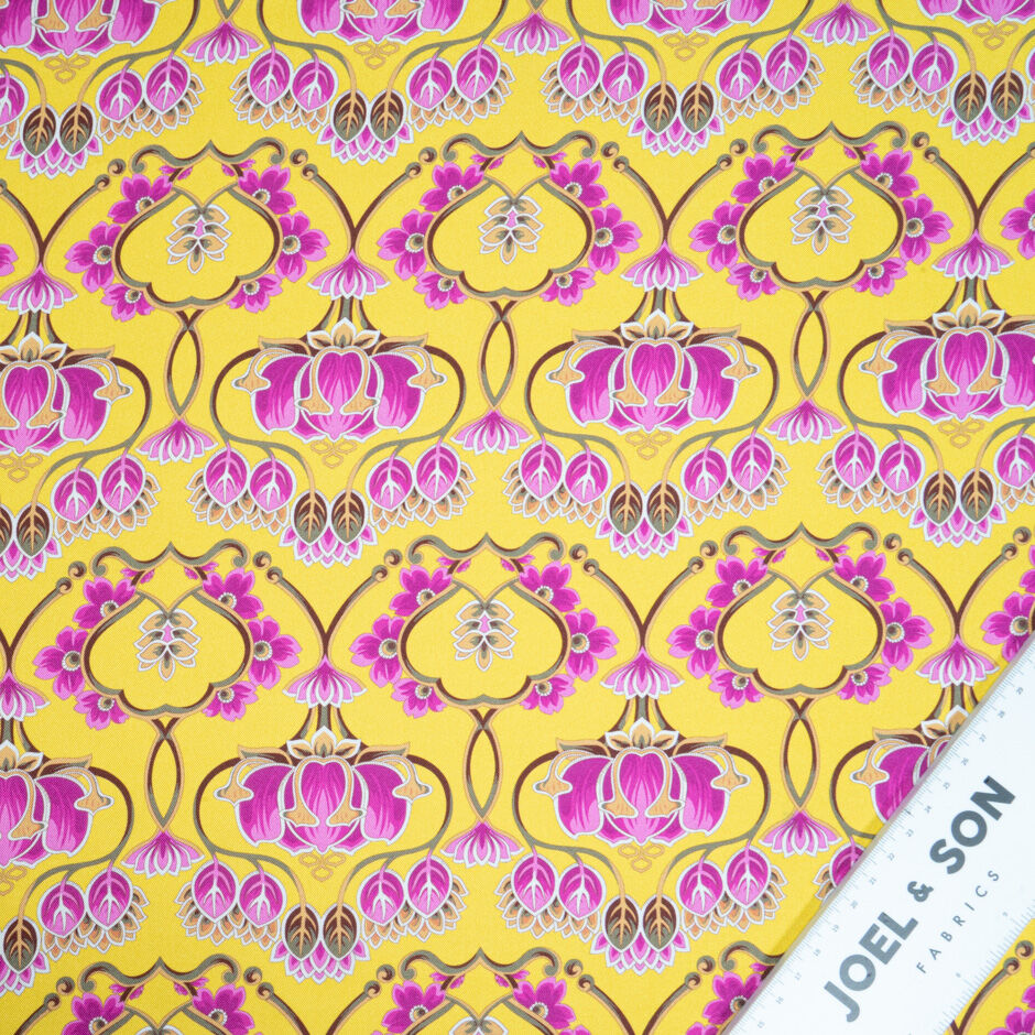 Fuchsia Pink Printed Deep Yellow Silk Twill