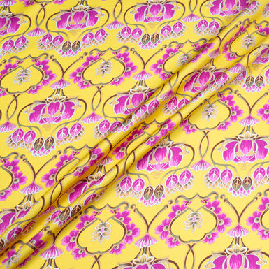 Fuchsia Pink Printed Deep Yellow Silk Twill