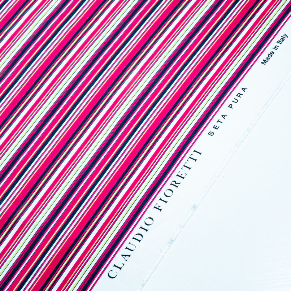 Pink, Black & White Stripe Printed Silk Twill (A 3m Piece)