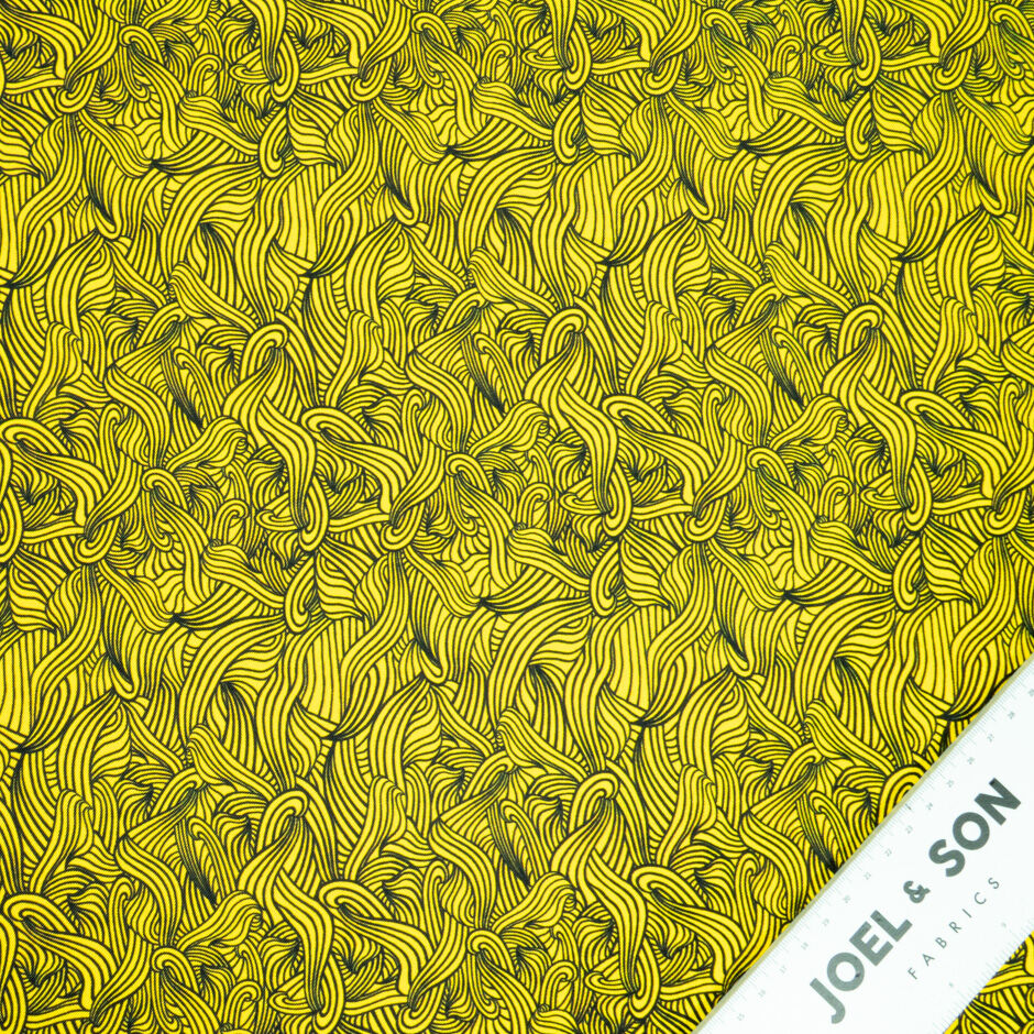 Canary Yellow & Blue Wave Printed Silk Twill