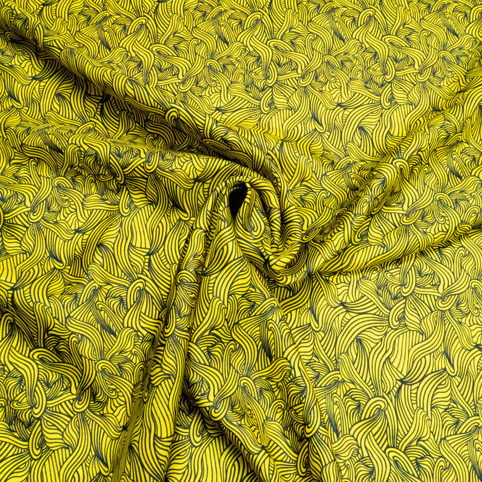 Canary Yellow & Blue Wave Printed Silk Twill