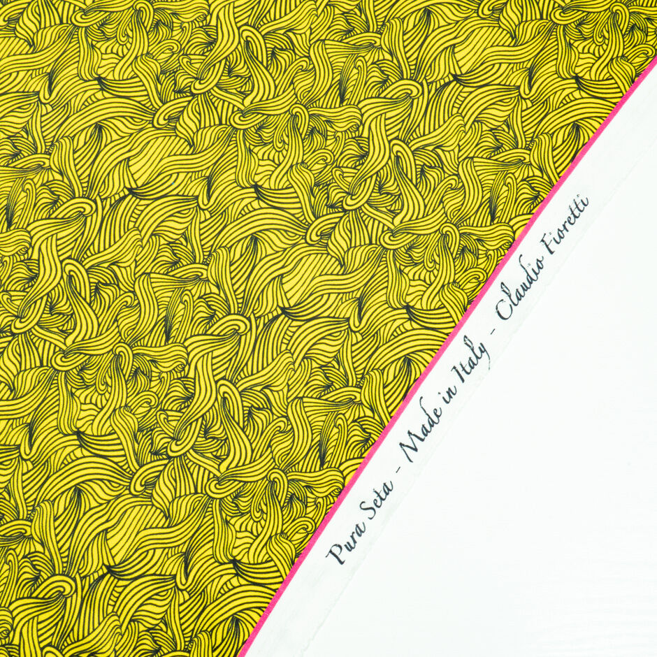 Canary Yellow & Blue Wave Printed Silk Twill