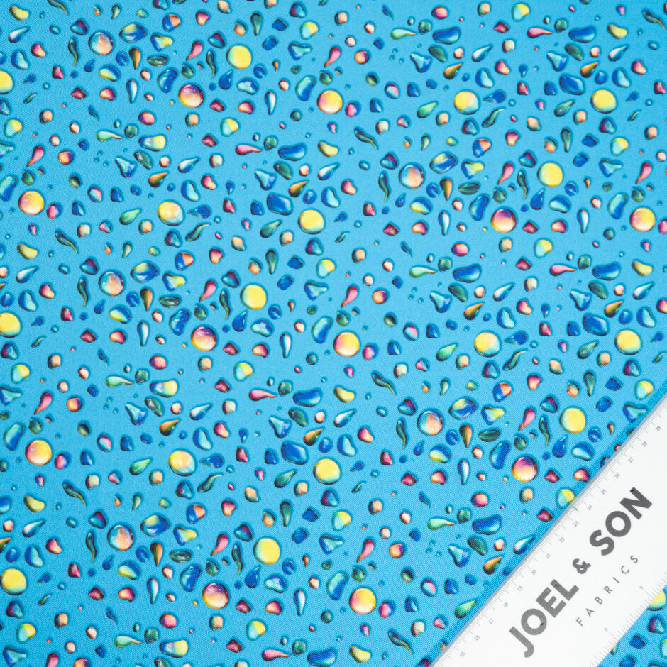 Multi-Coloured Water Droplets Printed Blue Silk Twill