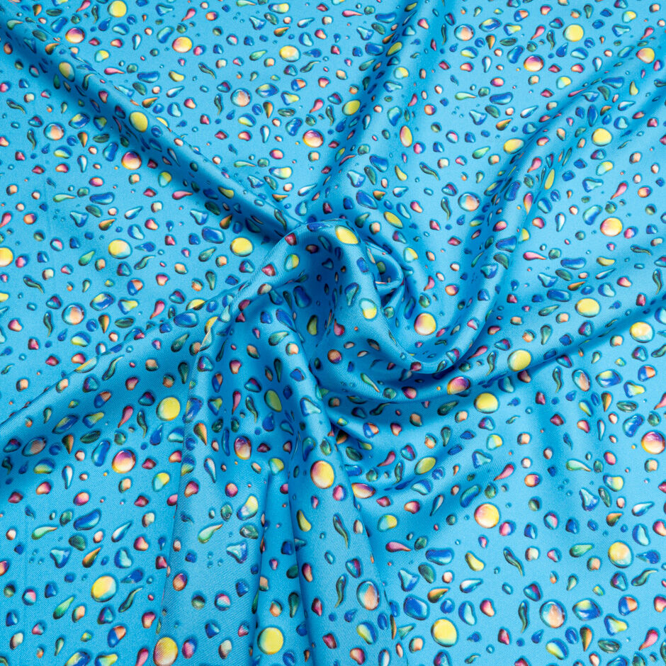 Multi-Coloured Water Droplets Printed Blue Silk Twill