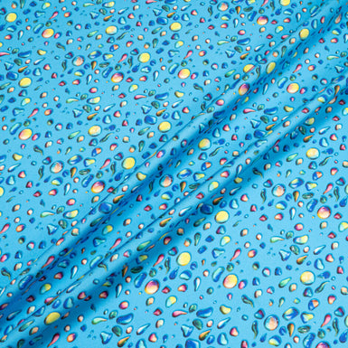Multi-Coloured Water Droplets Printed Blue Silk Twill