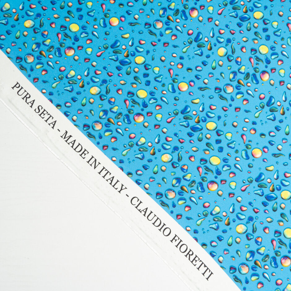 Multi-Coloured Water Droplets Printed Blue Silk Twill
