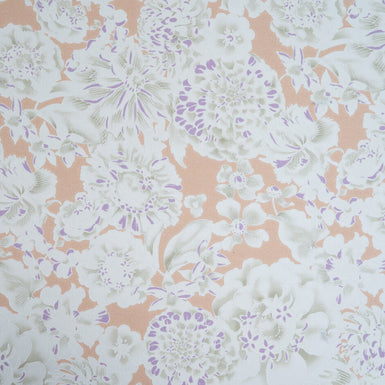 White Floral Vision Printed Peach Pure Silk Twill