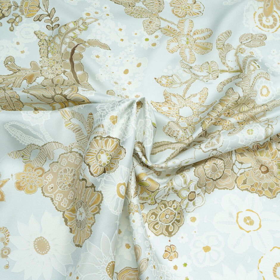 Khaki Floral Vision Printed Baby Blue Pure Silk Twill