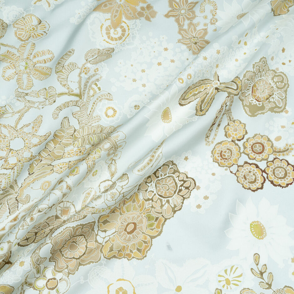 Khaki Floral Vision Printed Baby Blue Pure Silk Twill