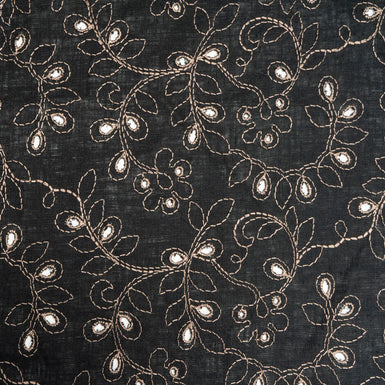 Beige Floral Embroidered Black Handkerchief Linen