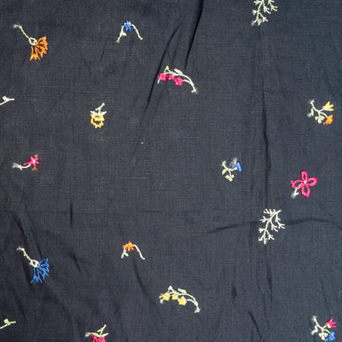 Petite Floral Embroidered Black Linen