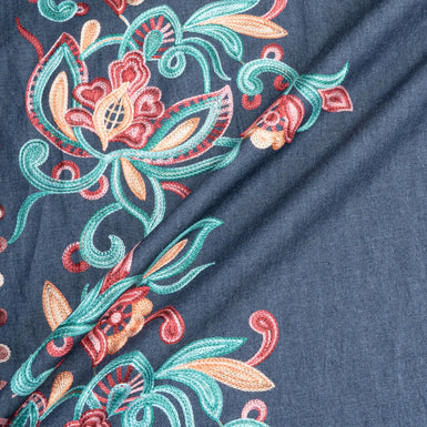 Multi-Coloured Floral Embroidered Blue Cotton Denim