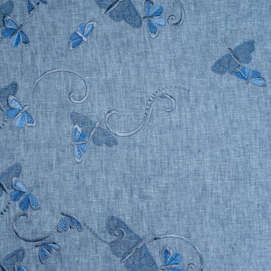 Butterfly & Floral Embroidered Denim Blue Linen