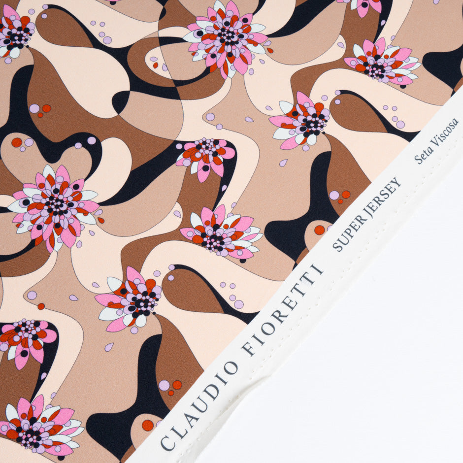 Brown & Beige Patterned Silk & Viscose Jersey