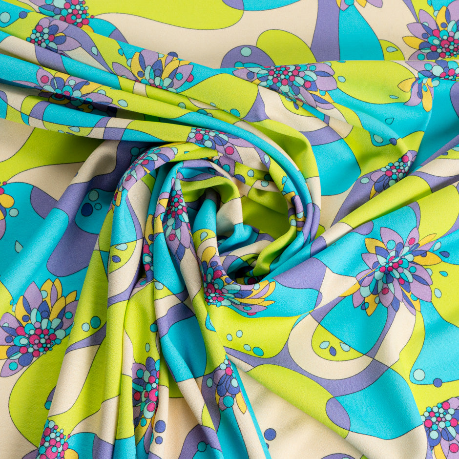 Lime Green, Turquoise & Purple Patterned Silk & Viscose Jersey