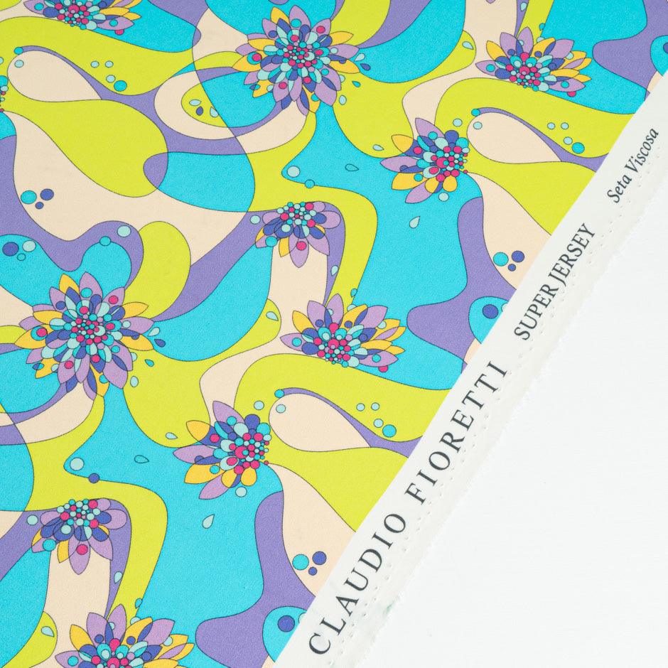 Lime Green, Turquoise & Purple Patterned Silk & Viscose Jersey