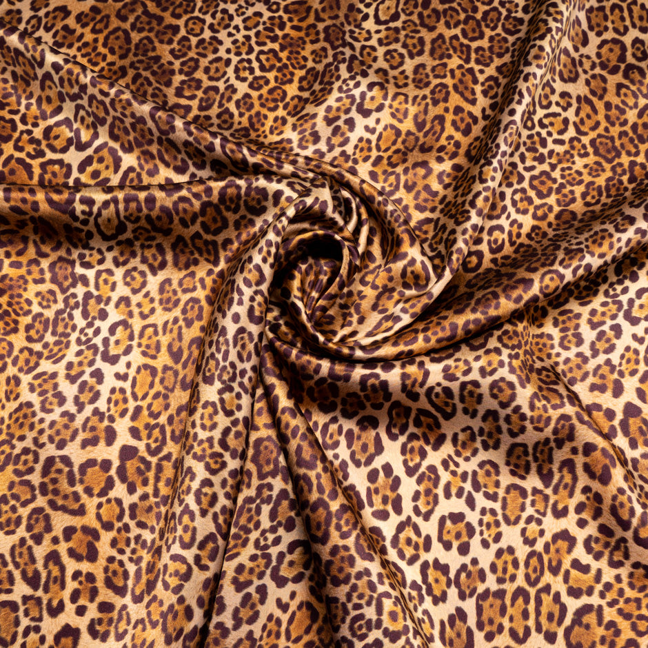 Brown Large Leopard Printed Pure Silk Satin