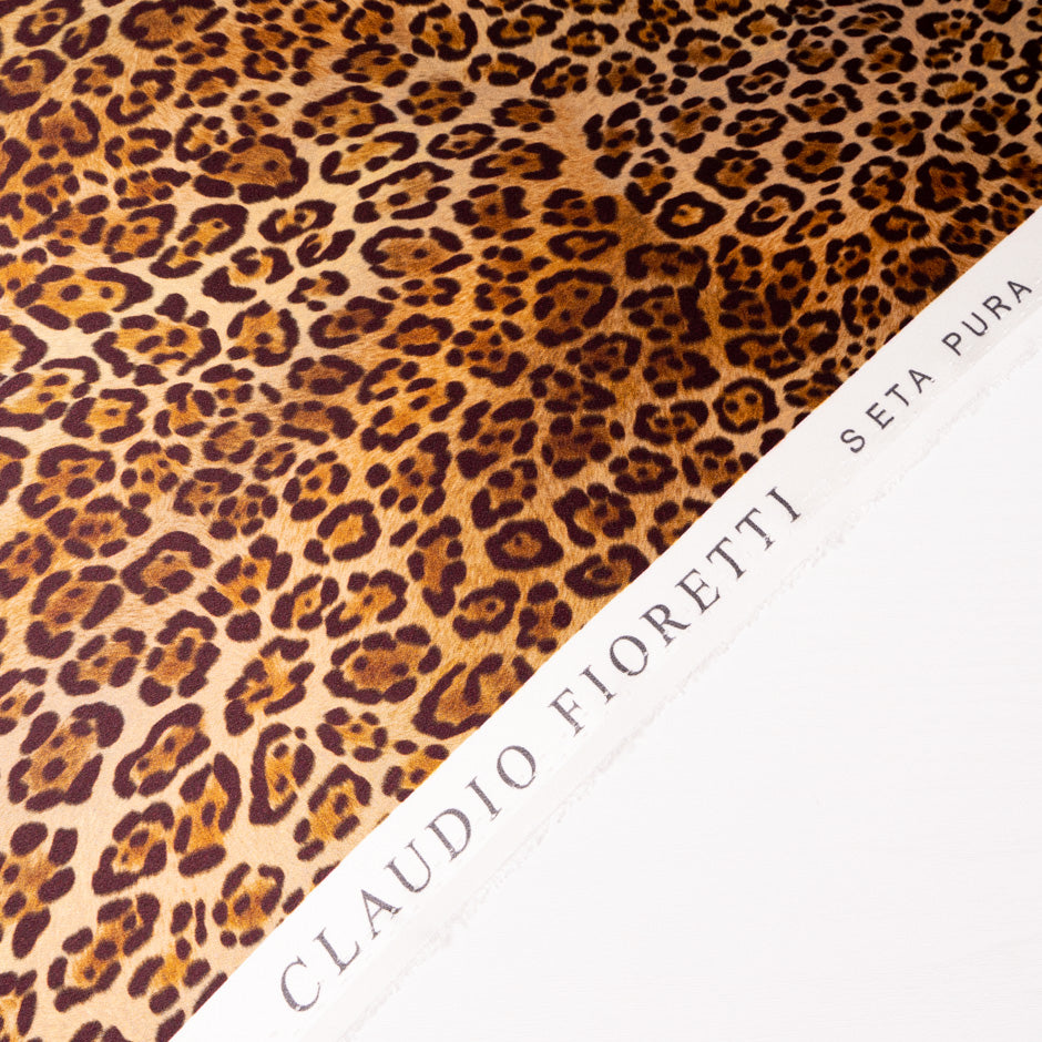 Brown Large Leopard Printed Pure Silk Satin