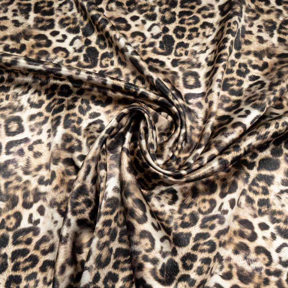 Beige & Dark Brown Leopard Printed Silk Satin