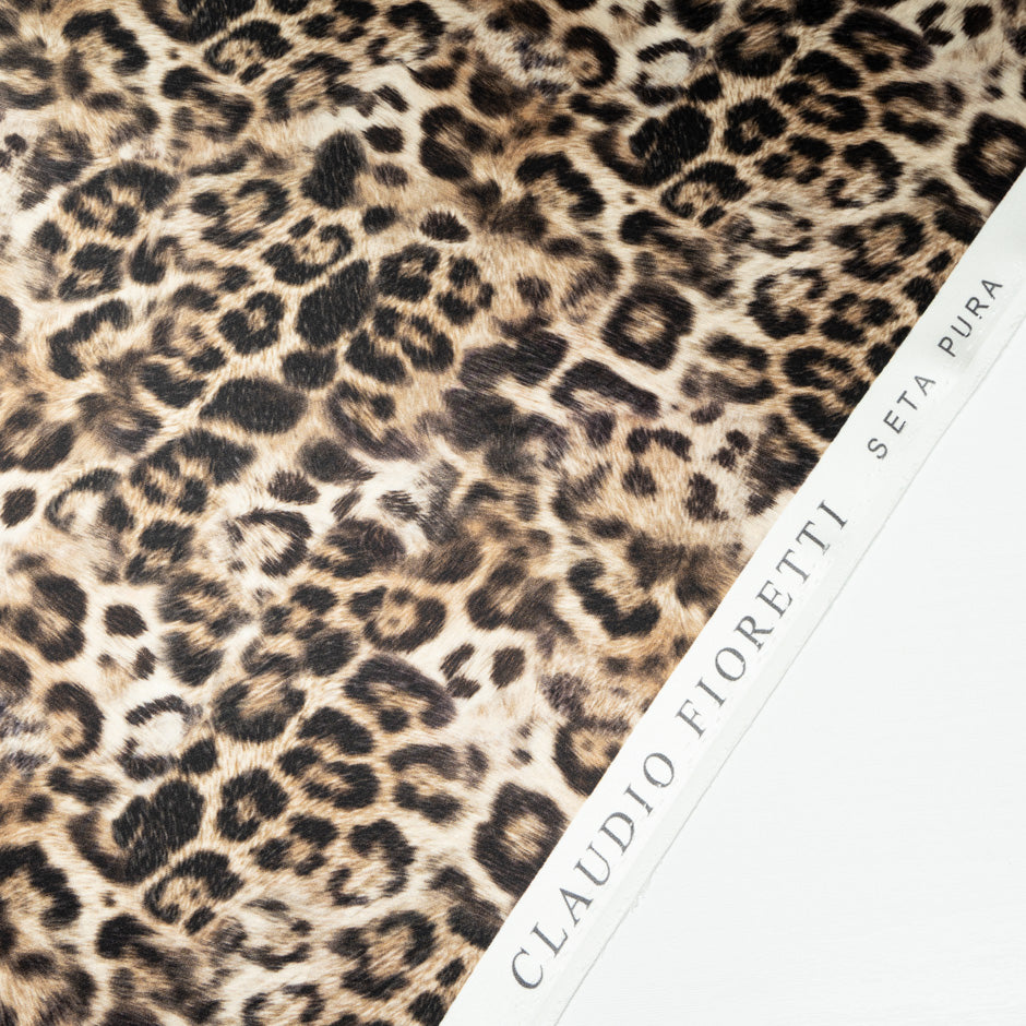 Beige & Dark Brown Leopard Printed Silk Satin