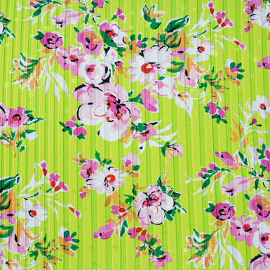 Pink Floral Printed Green Striped Pure Silk Jacquard