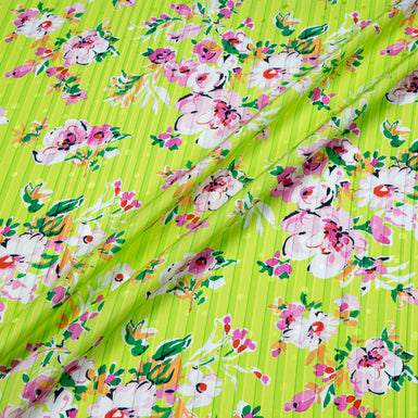 Pink Floral Printed Green Striped Pure Silk Jacquard