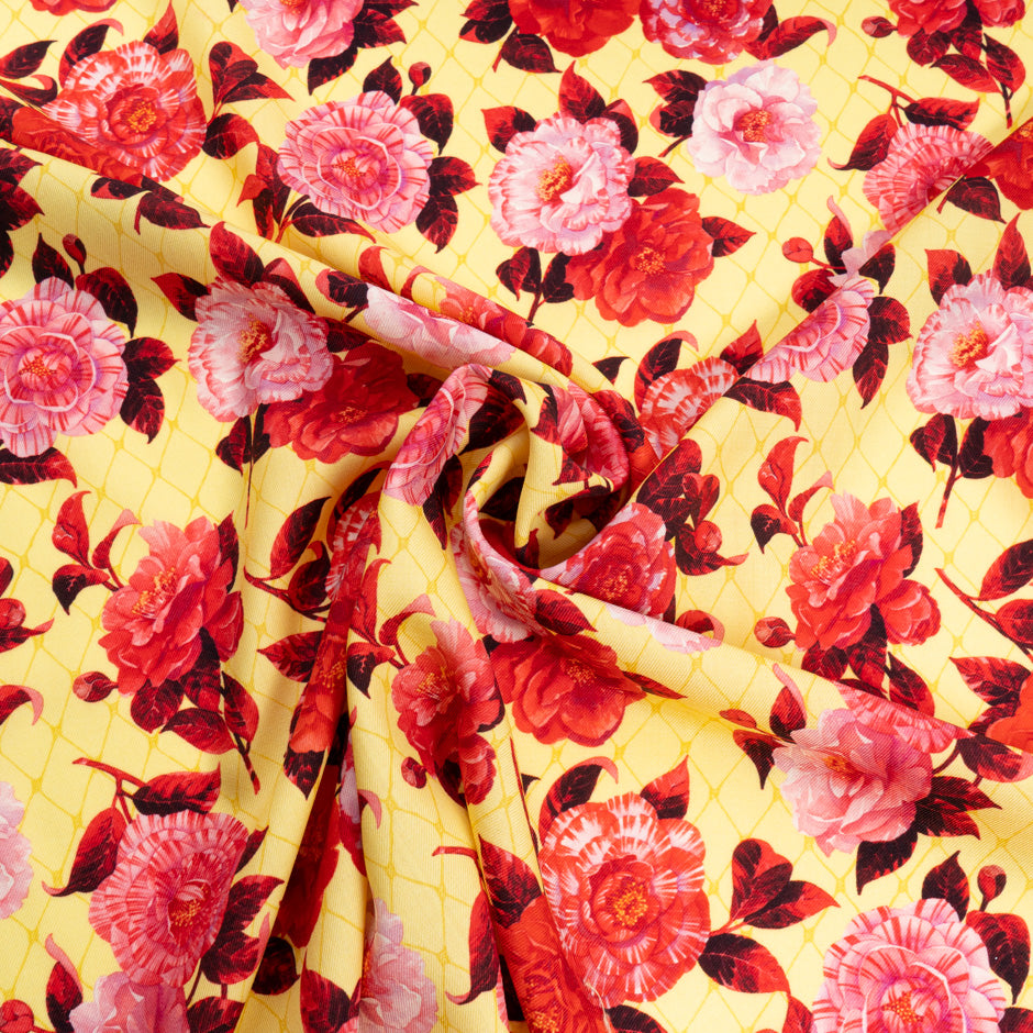 Bold Red & Pink Floral Printed Yellow Pure Wool