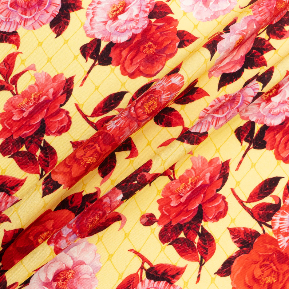Bold Red & Pink Floral Printed Yellow Pure Wool