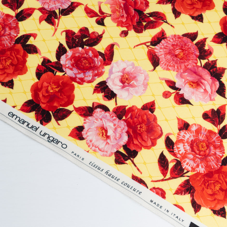 Bold Red & Pink Floral Printed Yellow Pure Wool