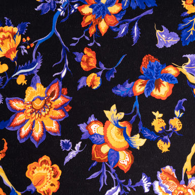 Orange & Blue Floral Printed Black Pure Wool