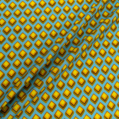 Yellow Geometric Printed Sky Blue Pure Wool