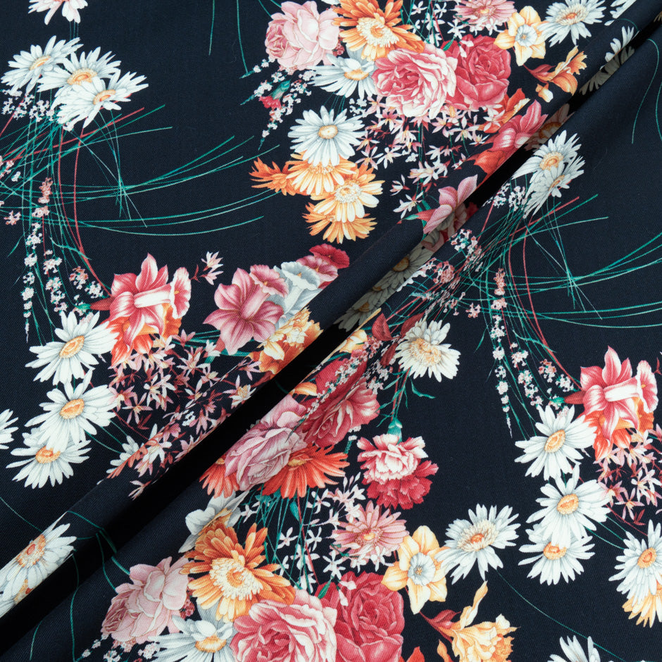 Wild Daisy Printed Midnight Blue Pure Wool (A 1m Piece)