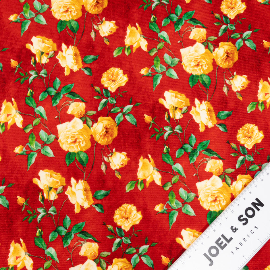 Yellow Rose Printed Deep Red Pure Wool