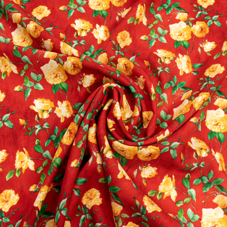 Yellow Rose Printed Deep Red Pure Wool