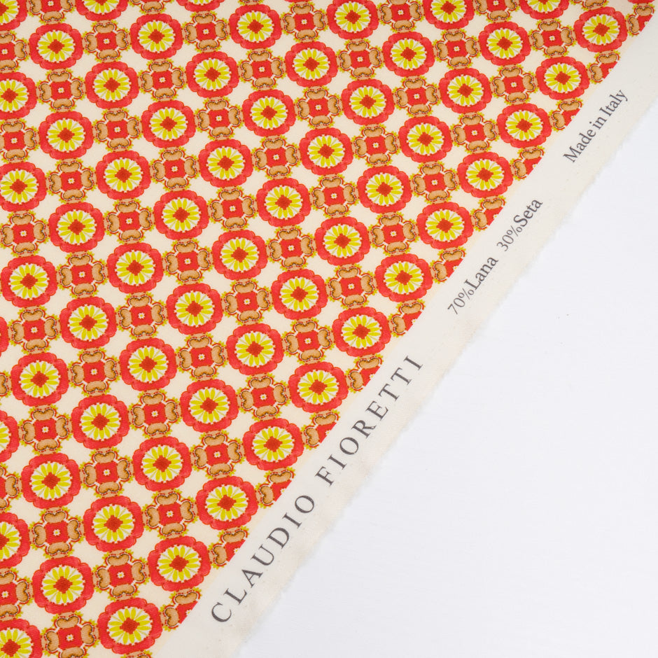 Pink & Lime Green Geo Printed Cream Wool/Silk Blend