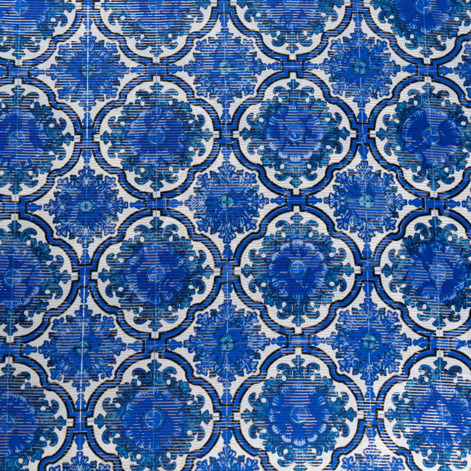 Royal Blue Geometric Printed Lamé Stripped Silk