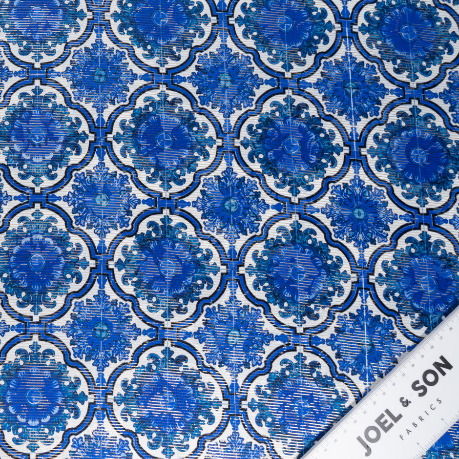 Royal Blue Geometric Printed Lamé Stripped Silk