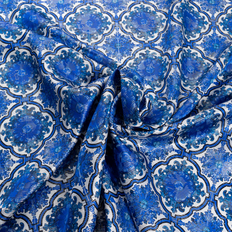 Royal Blue Geometric Printed Lamé Stripped Silk