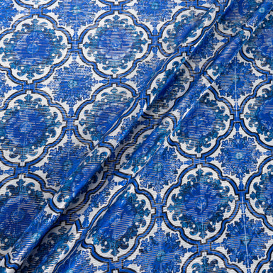 Royal Blue Geometric Printed Lamé Stripped Silk