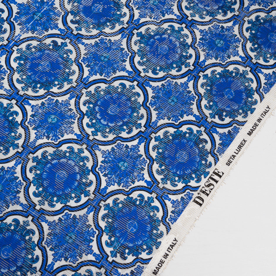 Royal Blue Geometric Printed Lamé Stripped Silk