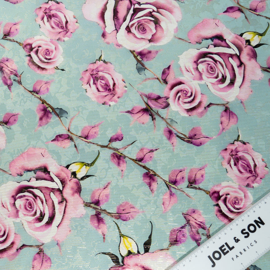 Pink Rose Printed Aqua Printed Silk Striped Lamé