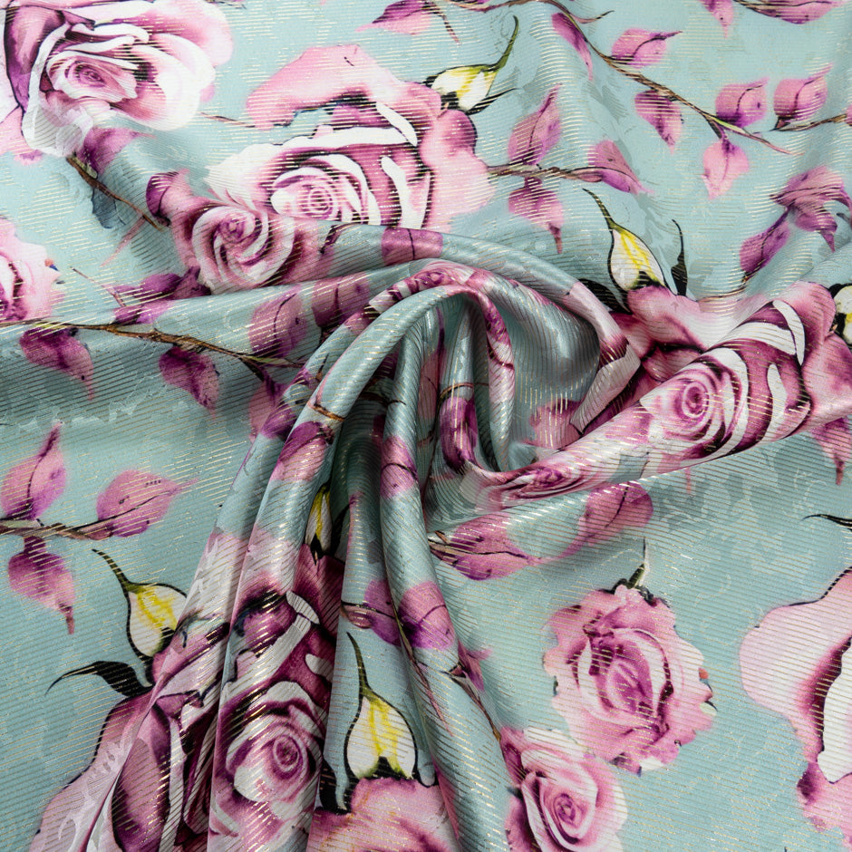 Pink Rose Printed Aqua Printed Silk Striped Lamé
