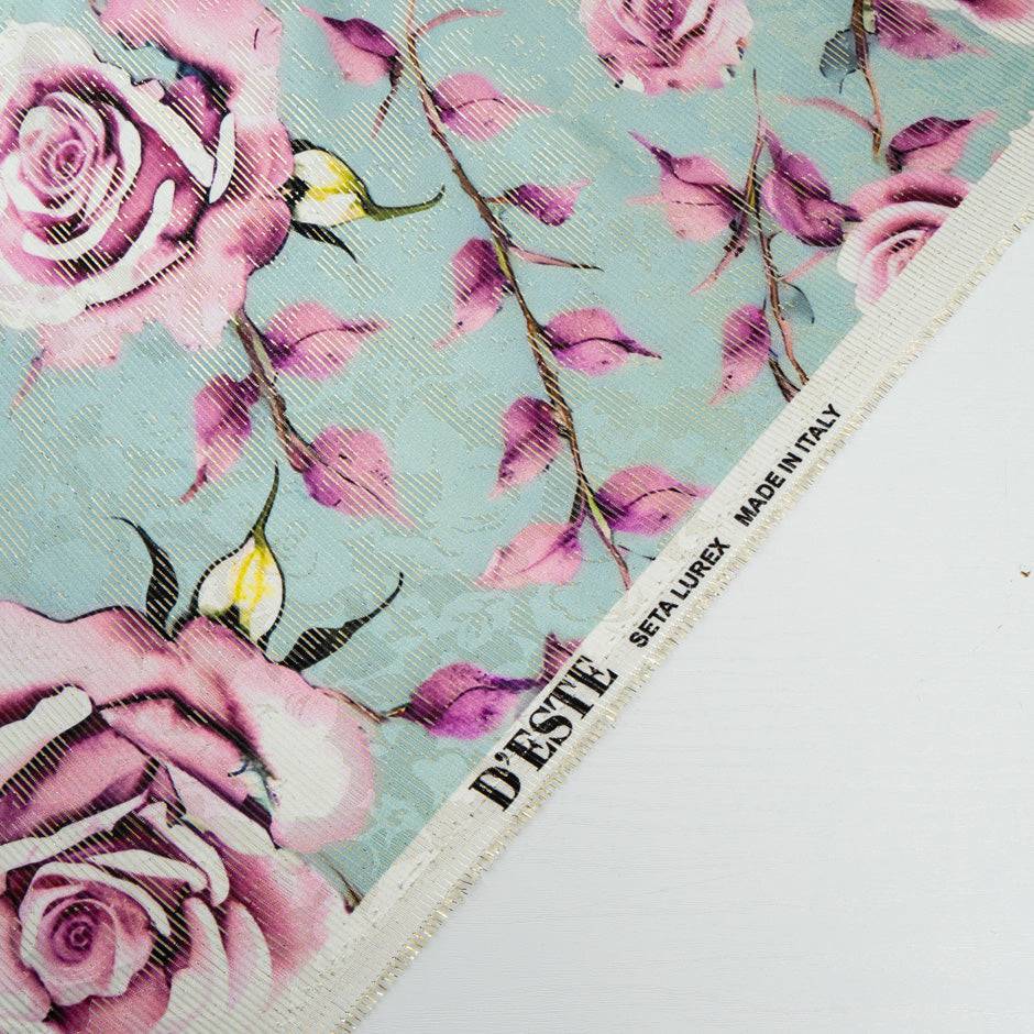 Pink Rose Printed Aqua Printed Silk Striped Lamé