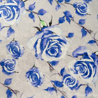 Blue Rose Printed Grey Silk Metallic Lamé