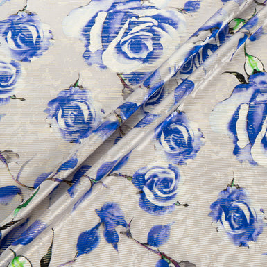 Blue Rose Printed Grey Silk Metallic Lamé