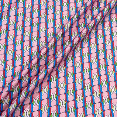 Red & Blue Geo Link Printed Pink Silk Twill