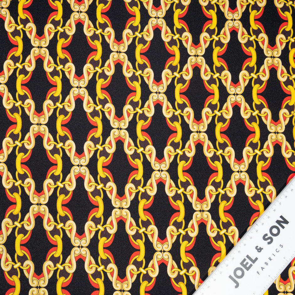 Yellow & Red Geo Link Printed Black Silk Twill (A 1.70m Piece)