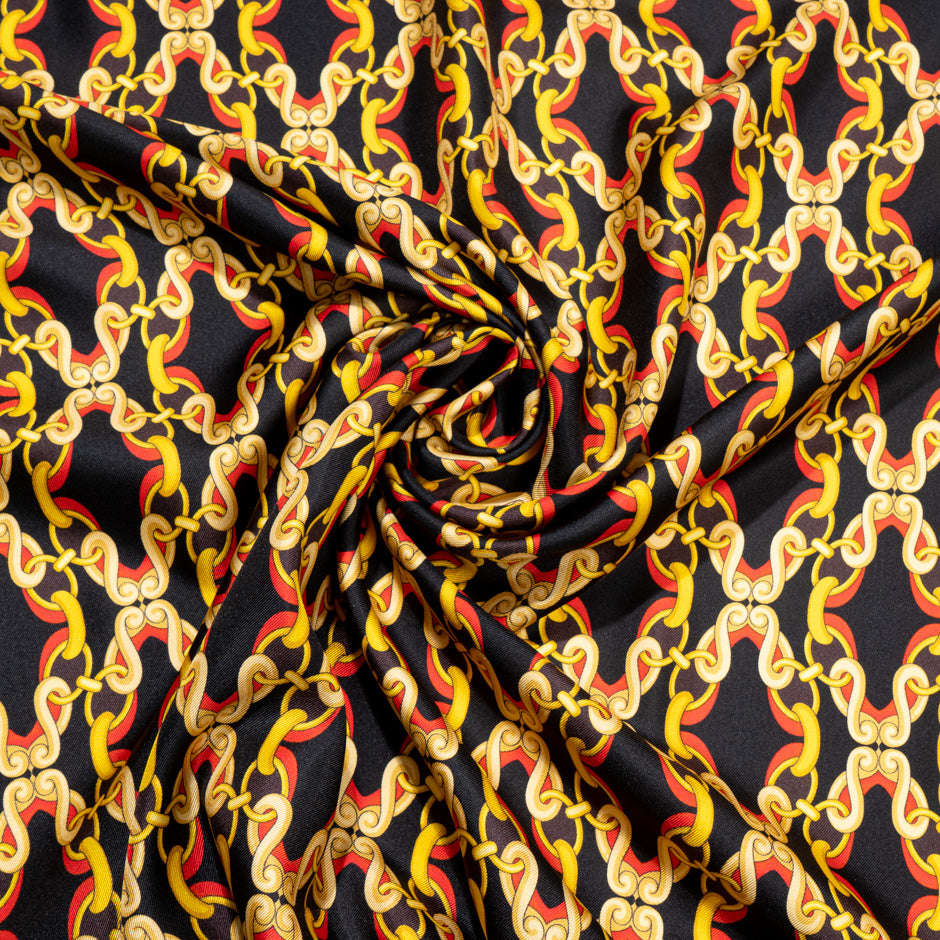 Yellow & Red Geo Link Printed Black Silk Twill (A 1.70m Piece)